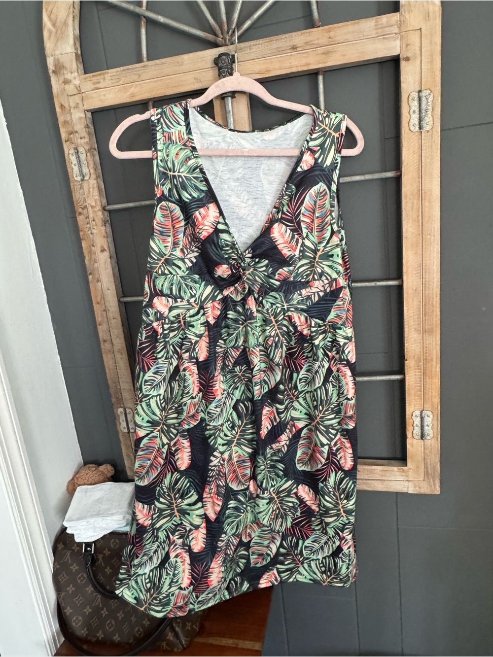 Tropical Leaf Print V-Neck Women's Dress - Black/Green